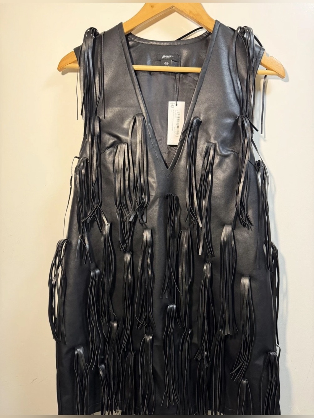 Nasty Gal Black Leather-Look Fringe V-Neck Mini Dress Size 4 - Picture 4 of 6